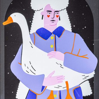 Women with goose-ilustratie-si-caricatura-